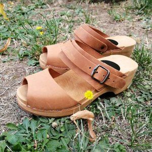 Swedish Peep-toe Wooden Leather Clogs 38